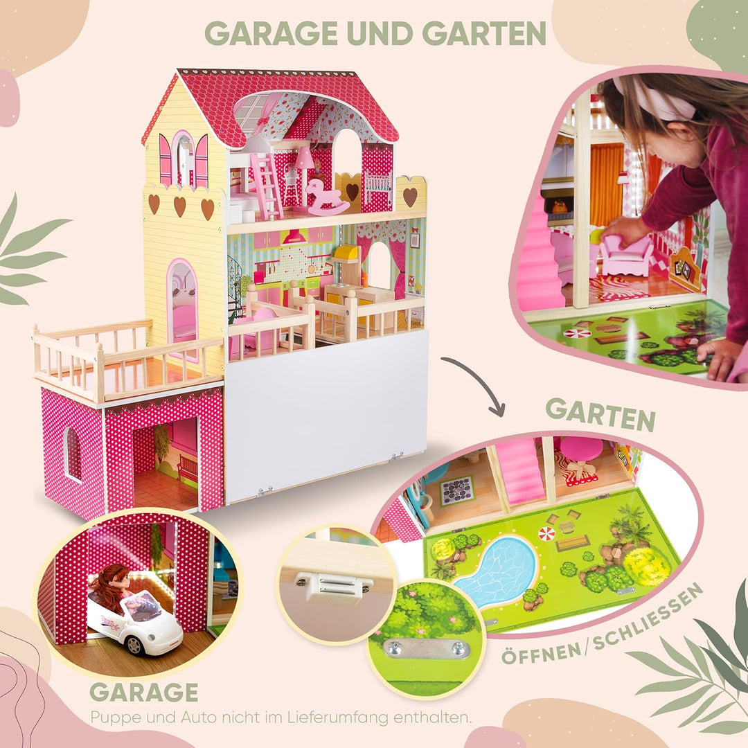 Kinderplay Puppenhaus Holz Gross, Puppenvilla, Puppenhaus Holz Gross komplett - Barbie Traumvilla, B