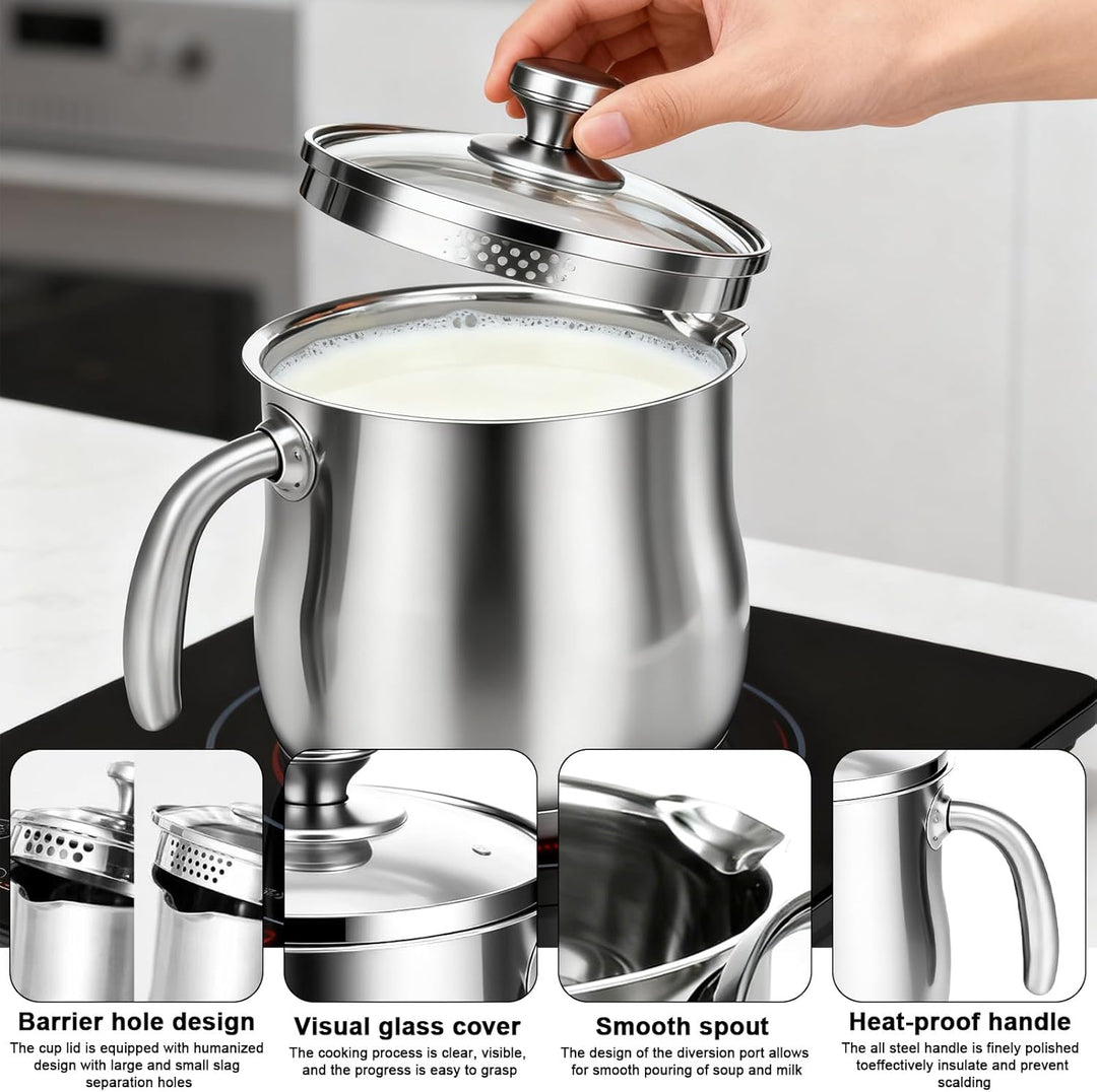 14cm Milchtopf Induktion mit Glasdeckel, 2L 304 Edelstahltopf mit Griff Dampfloch und Ausgiesser, Dr