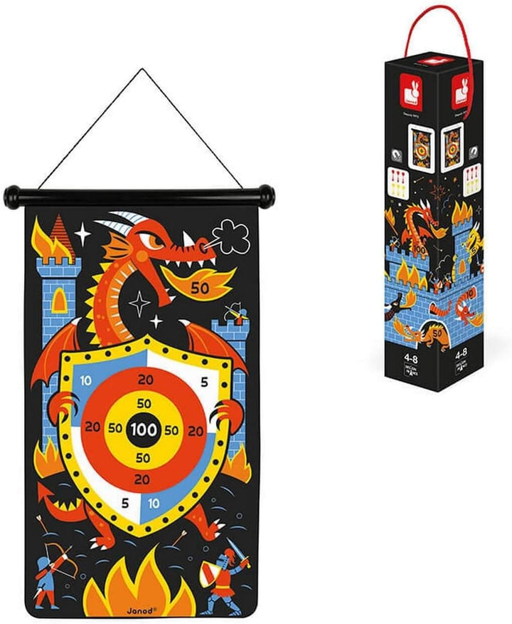 Janod - Magnetisches Dartspiel mit dem Thema Drachen und Ritter - Vorderseite/Rückseite Geschicklich