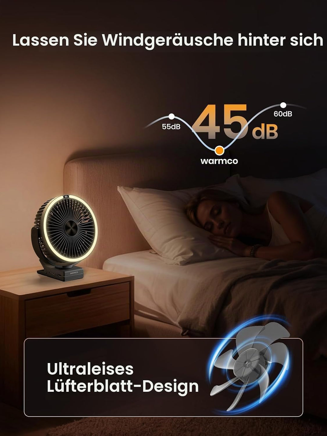 Warmco Tragbarer Ventilator mit LED-Laterne und Haken, 15000 mAh, batteriebetrieben, Camping-Tischve