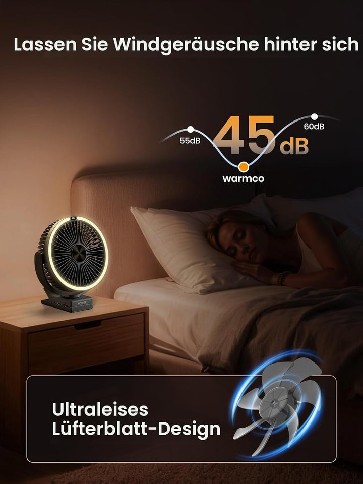 Warmco Tragbarer Ventilator mit LED-Laterne und Haken, 15000 mAh, batteriebetrieben, Camping-Tischve