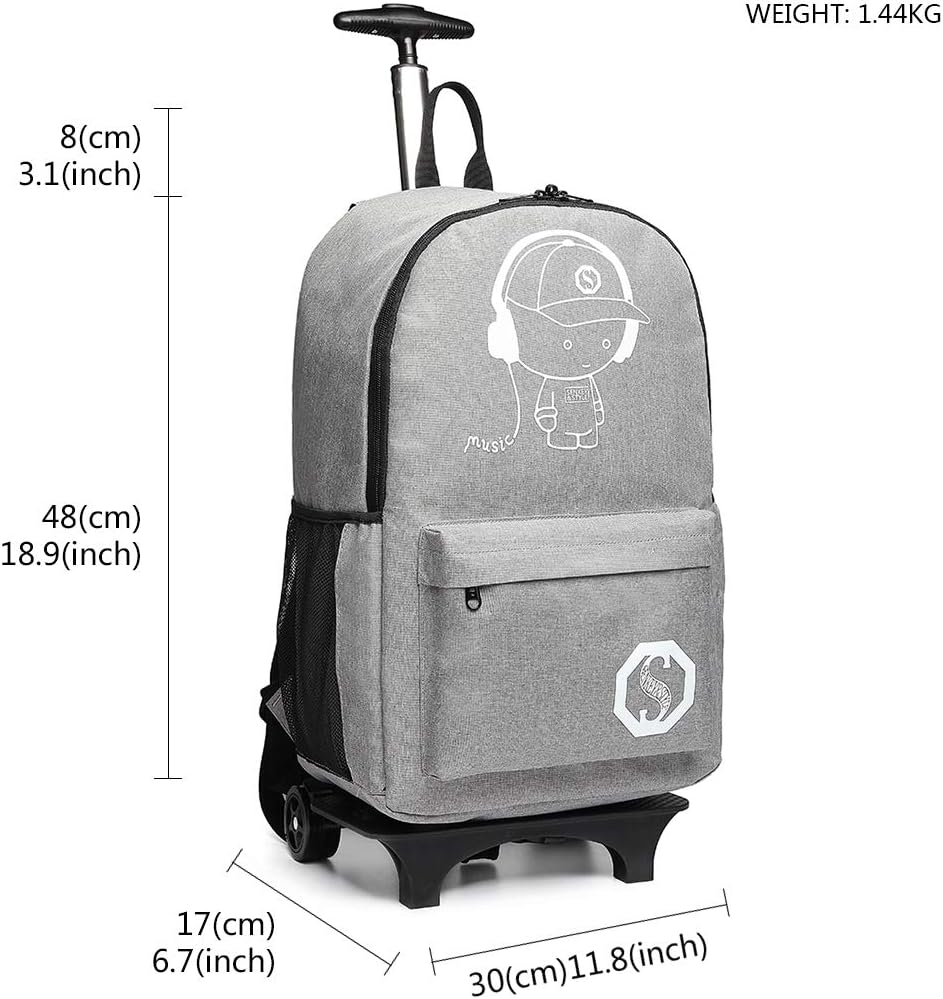 KONO Trolley Jungen Rucksack Kindergepäck mit Rollen Reflektierender Schulranzen für Teenager Herren