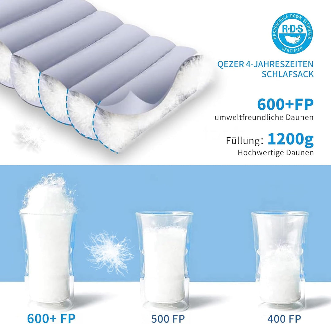 Daunenschlafsack, Schlafsack Ultraleicht, 600FP+ Premium Daunen, Geeignet für Winter/Sommer, geeigne