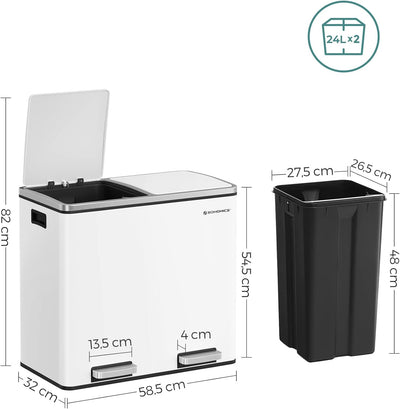 SONGMICS Mülleimer, Abfalleimer, Mülltrennsystem mit 2 Fächern, Treteimer für die Küche, 2 x 24 L, S