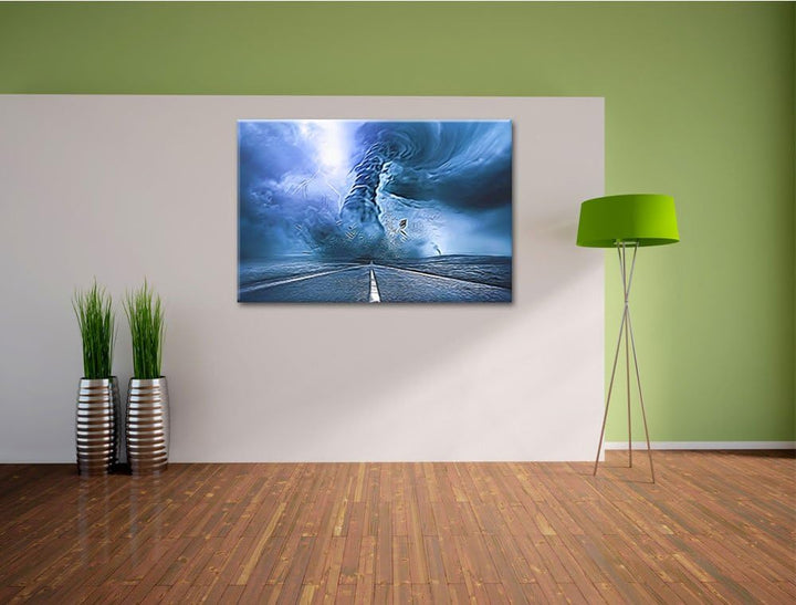 stürmender Tornado auf einer Landstrasse Format: 100x70 auf Leinwand, XXL riesige Bilder fertig gera