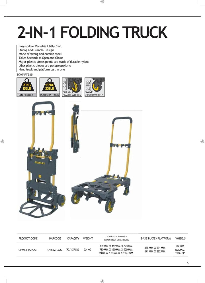 Stanley SXWTD-FT585 2-in-1 Sackkarre und Plattformwagen - Transportkarre max. 70KG - Transportwagen
