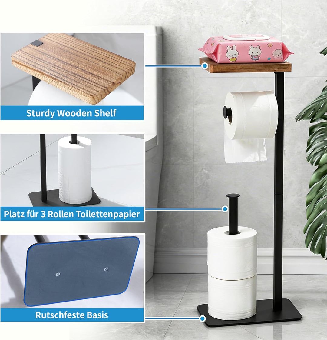 Toilettenpapierhalter Stehend mit Ablage - Stabiler Toilettenpapierhalterständer für 4 Rollen Klopap