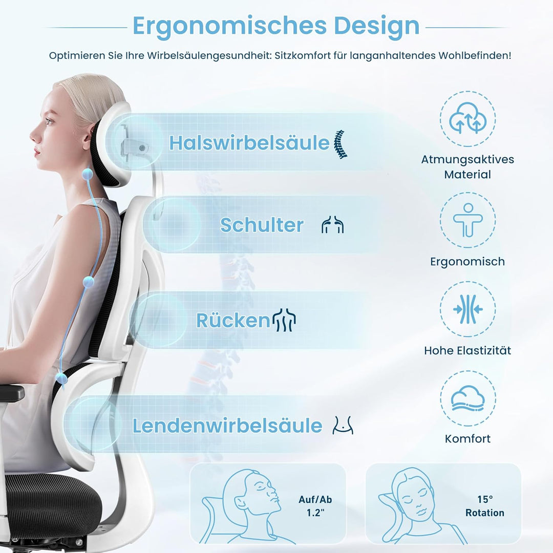 KERDOM Bürostuhl Ergonomischer Schreibtischstuhl,mit Verstellbarer Kopfstütze, Armlehnen, Lendenwirb