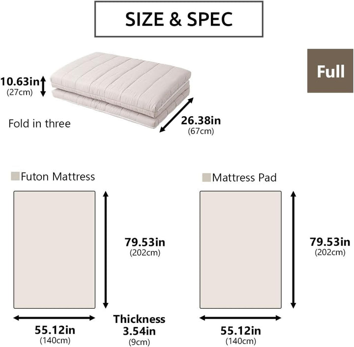 EMOOR Japanische Dreifach Gefaltete Futon-Matratze Machi mit Matratzenauflage 140 x 202 cm Grau, Zwi