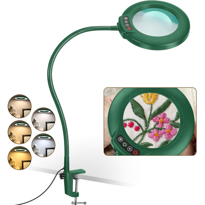 Veemagni 12X Lupe mit Licht und Klemme, Echtes Glas Lupenlampe, 5 Farbmodi Stufenlos Dimmbare, 23 Zo