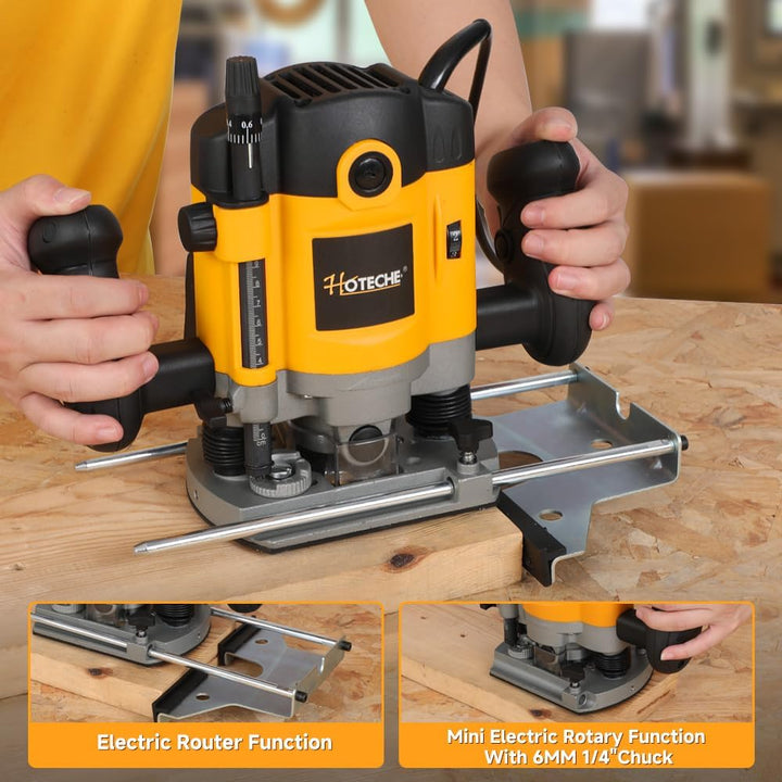 Hoteche 1200W Oberfräse Holzfräse Kantenfräse 6mm Spannfutter 30MM Arbeits Tiefe Alu Bodenplatte VDE