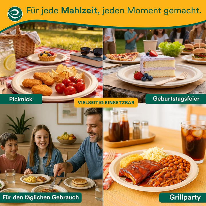 ECO SOUL 23 Cm (9 Zoll) Runde Einwegteller [50 Stück] | 100?% Kompostierbare Bagasse Teller aus Zuck