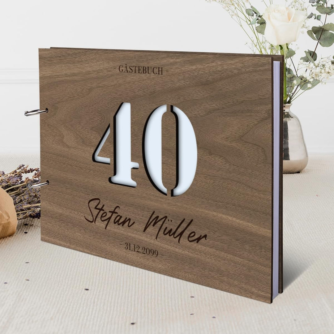 Individuelles Gästebuch zum 40. Geburtstag – Echtes Holz mit Persönlicher Gravur, Zahl ausgestanzt –