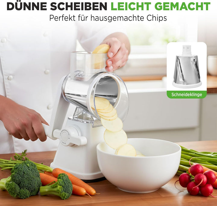 NutriChef 3-in-1 Trommelreibe - mit Kurbel – Gemüsereibe & drehbare Käsereibe – 3 Trommeln für Fein,