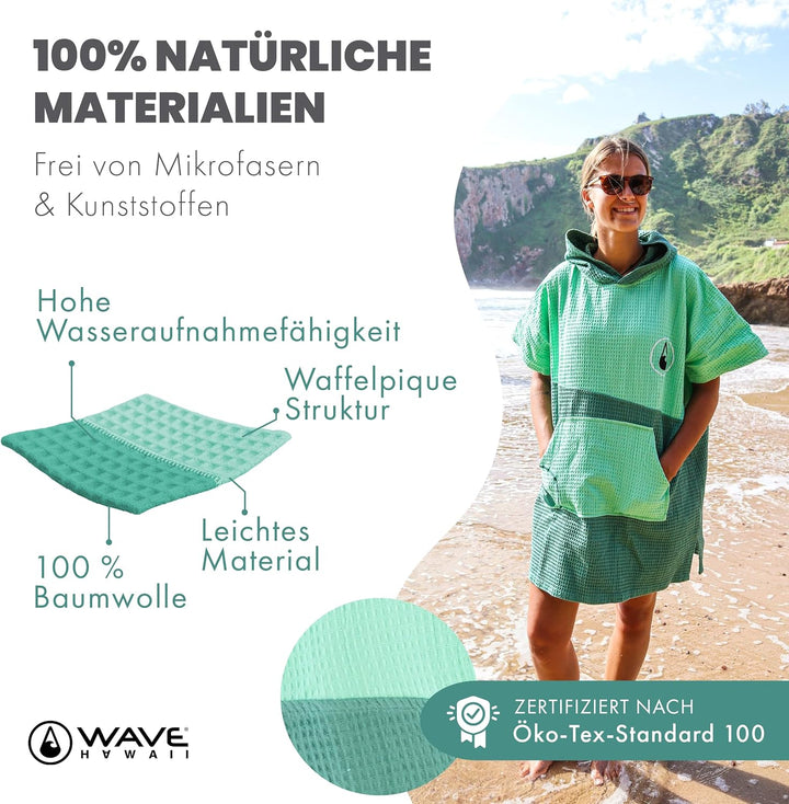 WAVE HAWAII Bade-Poncho Damen & Herren Breese | Grösse S/M, 155-185cm I 100% Baumwolle Surf-Poncho E