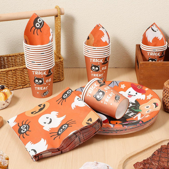 HEMOTON Set mit 24 Tellern, 24 Bechern und 48 Servietten für Halloween-Partys