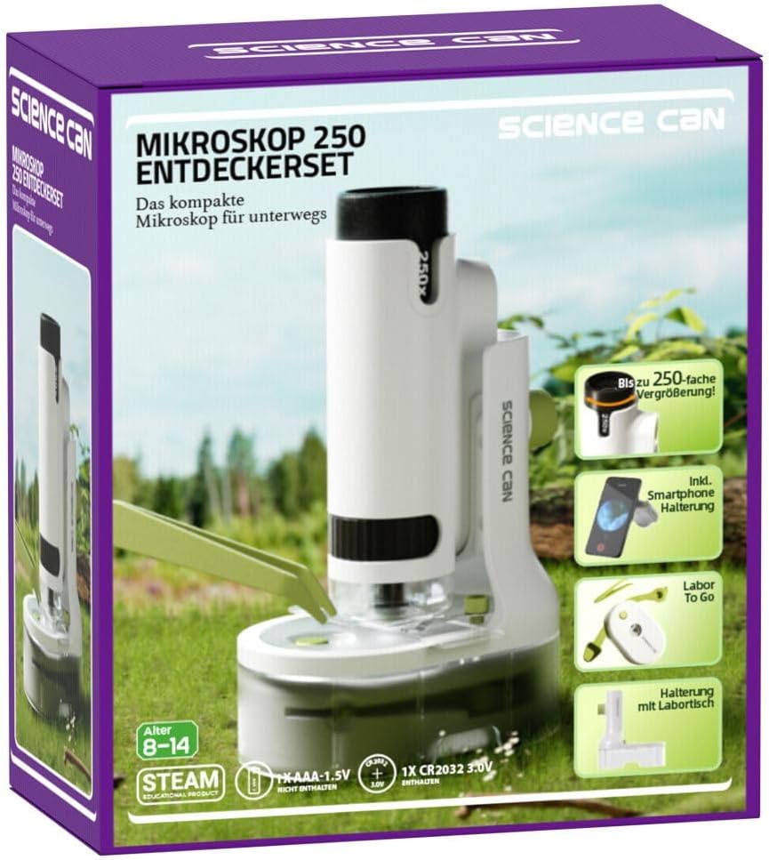 ScienceCan Mikroskop 250 Entdeckerset (Tragbares Mikroskop inkl. Ständer, Pinzette, Schaufel, Objekt