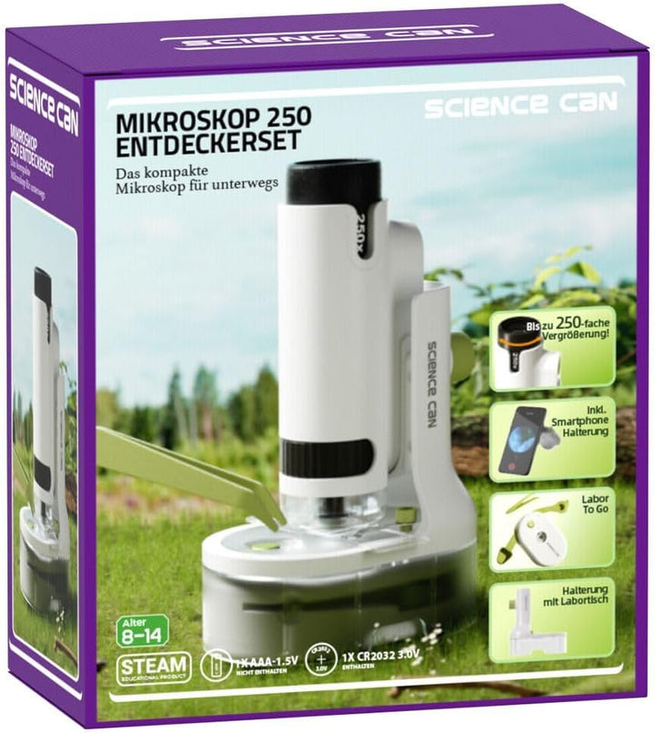 ScienceCan Mikroskop 250 Entdeckerset (Tragbares Mikroskop inkl. Ständer, Pinzette, Schaufel, Objekt