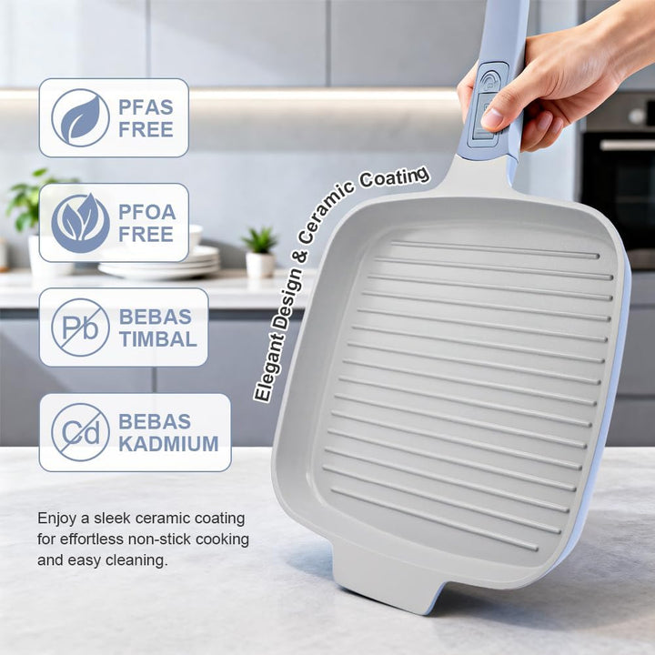 Keramik Grillpfanne 26 x 24 cm mit Deckel, Abnehmbarer Griff, Blau, Blau