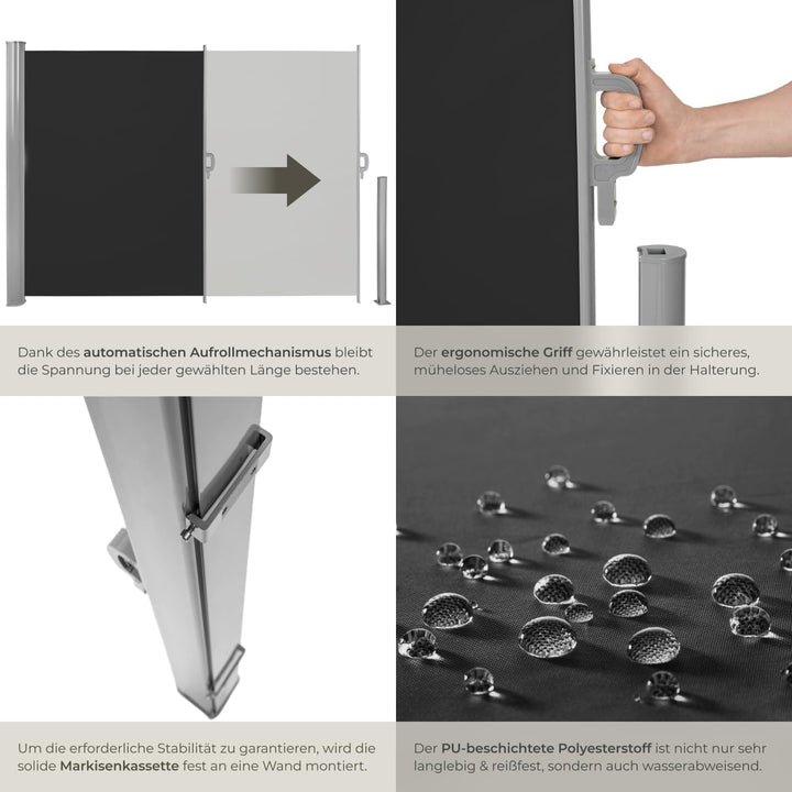 tectake blickdichte Aluminium Seitenmarkise, Wind- und Sichtschutz für Balkon, Garten und Terrasse,