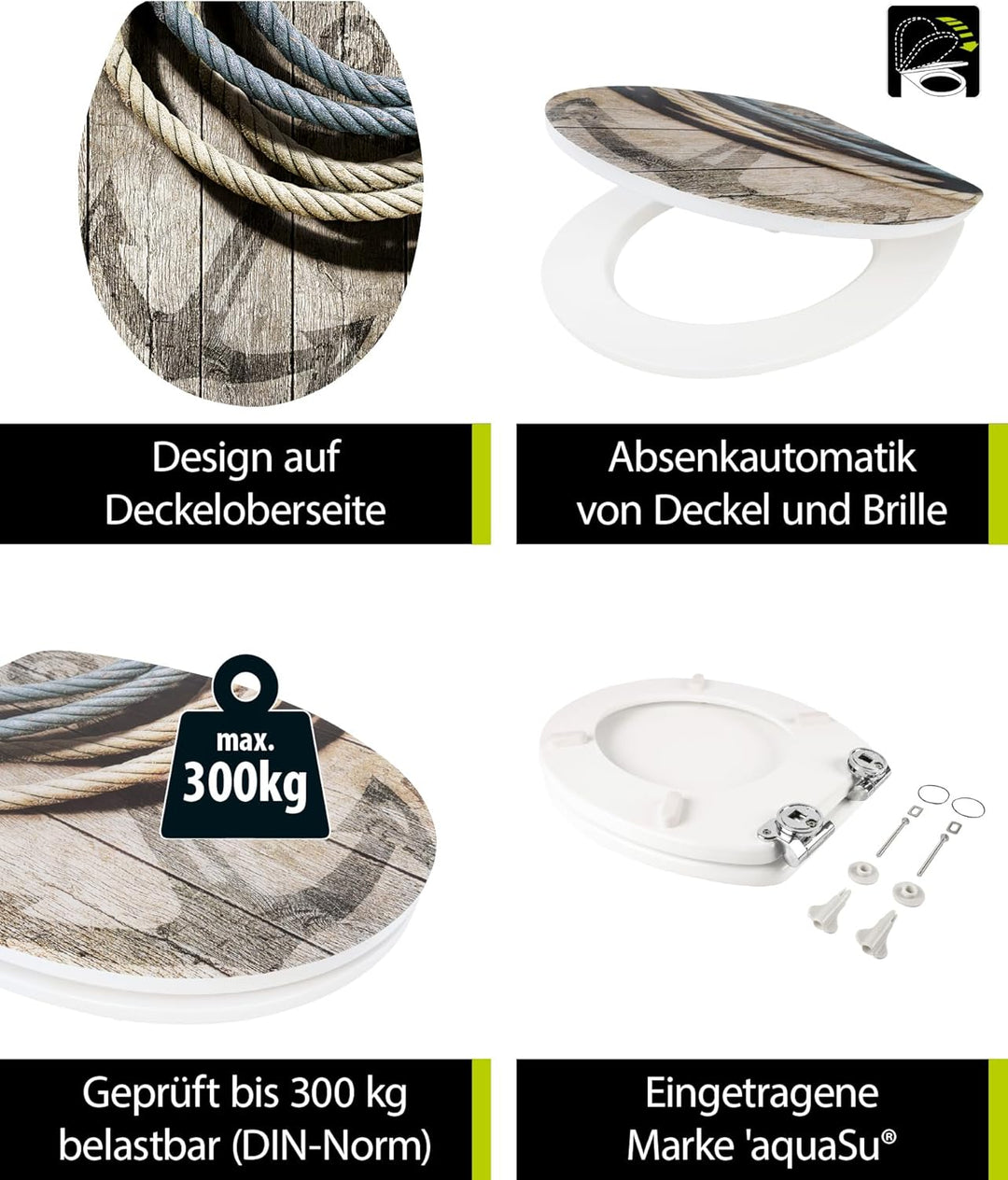 aquaSu® WC-Sitz mit Absenkautomatik, Maritim Motiv Seemannstau, High-Gloss Toilettendeckel mit Holzk