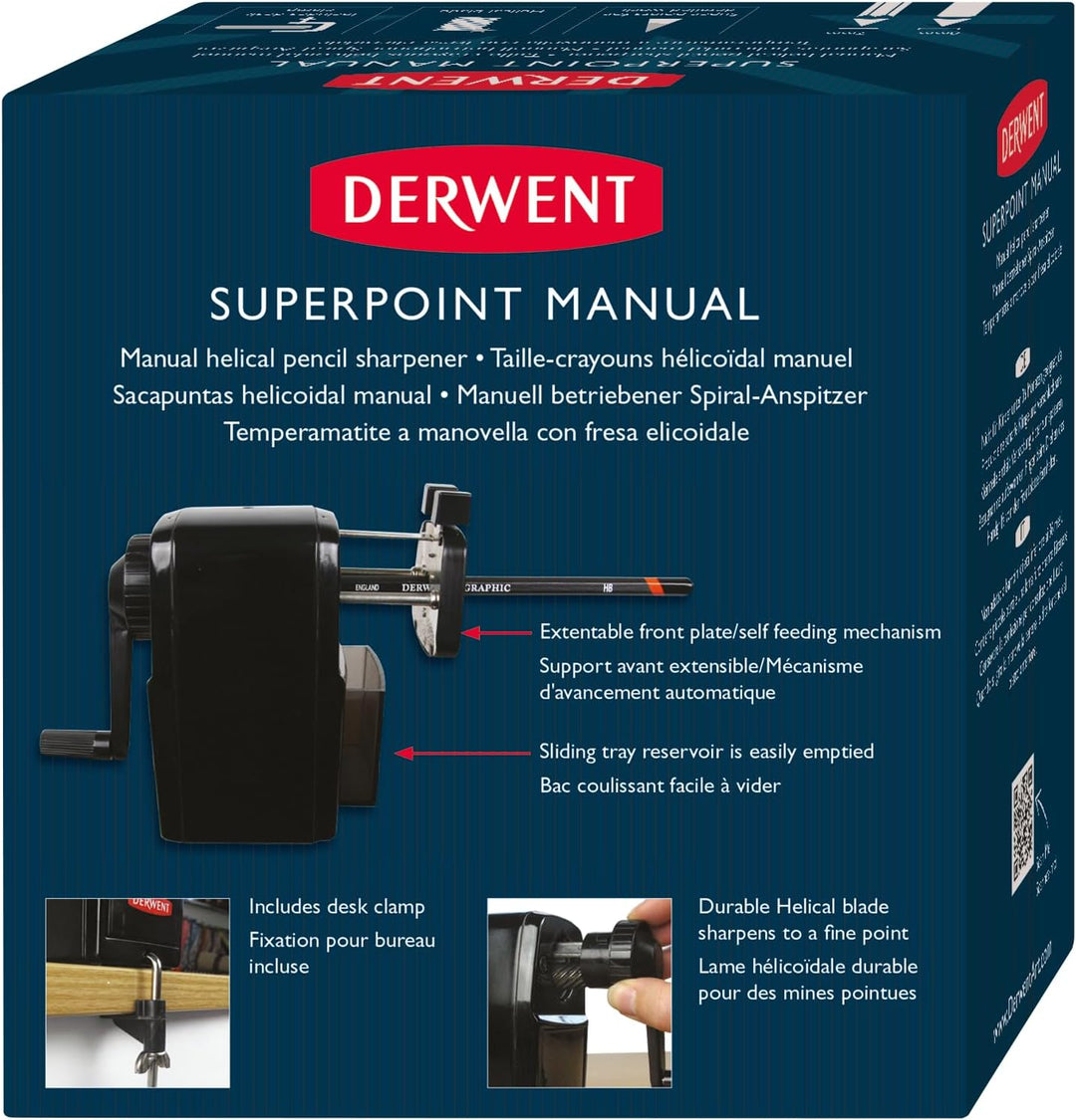 Derwent Manueller Schreibtisch-Spitzer, Super Point, mit Auffangbehälter & Tischklemme, Professionel