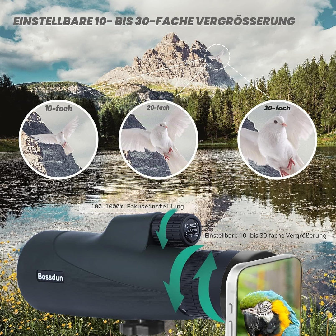 10-30x50 Zoom-Monokular-Teleskop mit Stativ Tragetasche Handschlaufe Telefonadapter - BAK4 Prisma &