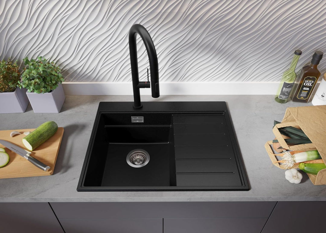 PRIMAGRAN Spülbecken Schwarz 62x50cm, Granitspüle 1 Becken + Ablauf-Set + Küchenzubehörset, Küchensp