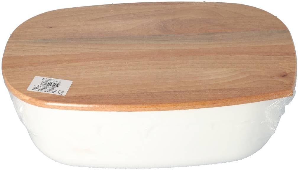 HRB Grosser Brotkasten in weiss Brotbox Deckel aus Buchenholz, Brotdose mit idealer Grösse Aufbewahr