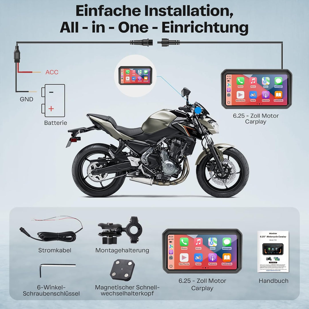 WonVon 6.25 Zoll Motorrad Carplay Display Motorrad Navigationsgeräte mit Motorrad Navi CarPlay & And