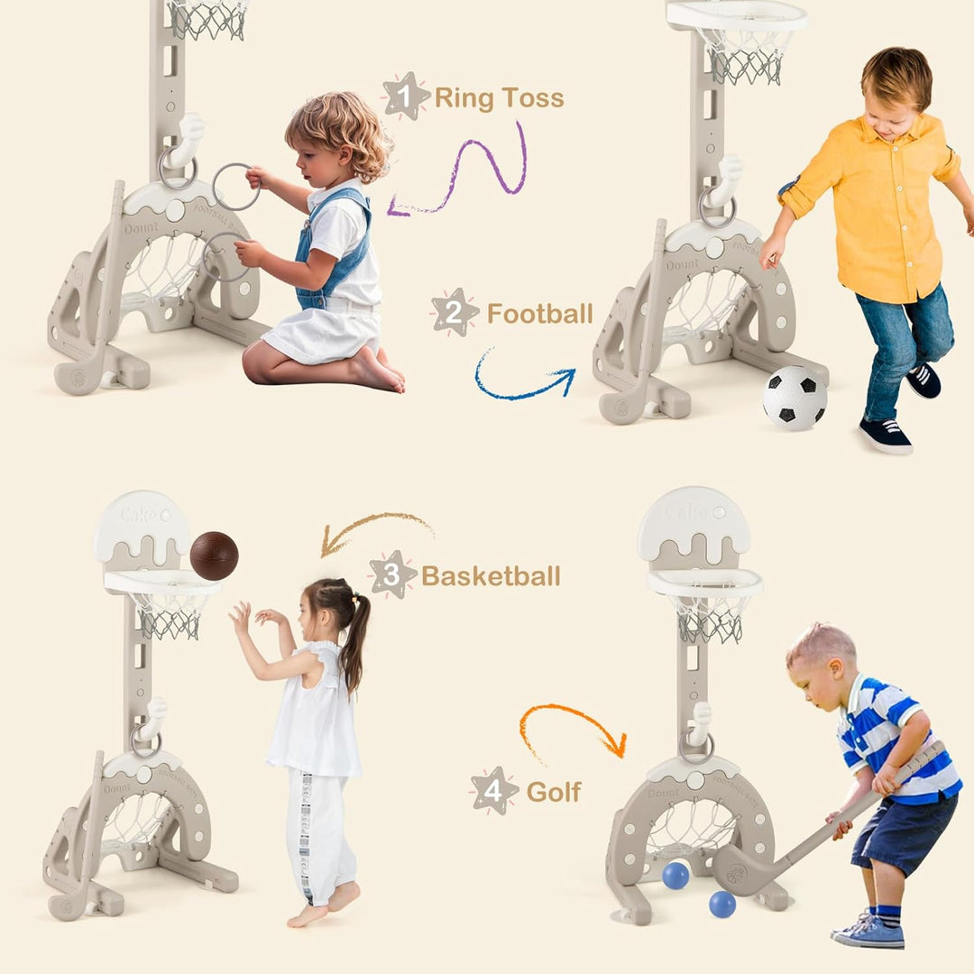 HOMASIS 4 in 1 Kinder Basketballkorb Set, multifunktional Basketballständer mit Fussballtor & Golf &