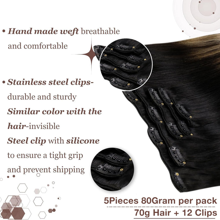 Hetto Clip in Extensions Echthaar Balayage Schwarz zu Hellbraun & Goldblond - Invisible Haarverlänge