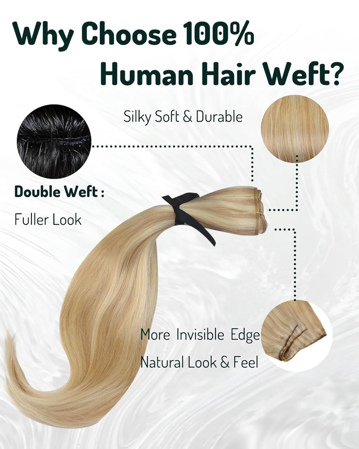 RUNATURE Tressen Extensions Echthaar Aschblond mit Platinblond Tressen Echthaar Sew in Weft Echthaar