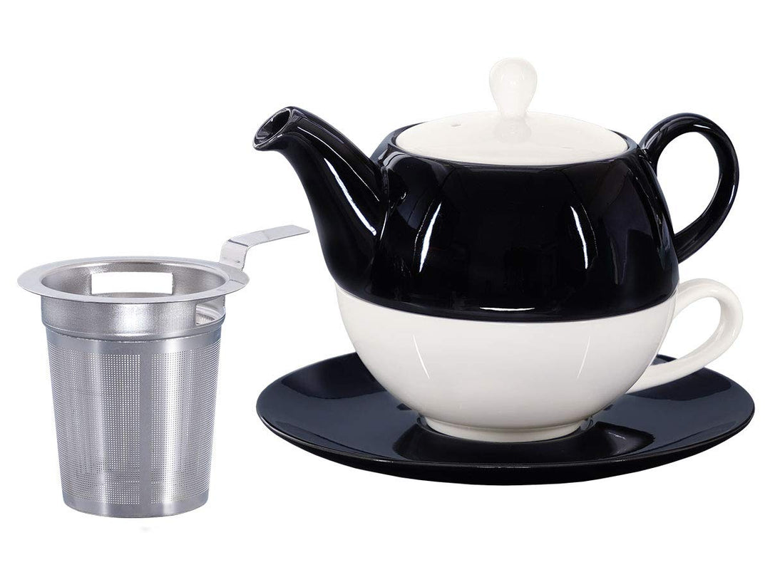 Tea for One mit Sieb Lena 500ml aus Crystal Bone China Porzellan in schwarz-weiss. Teekanne + Teetas