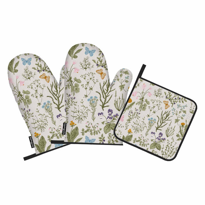 Blumen-Ofenhandschuhe und Topflappen-Set, Wildblumen, Kräuter, hitzebeständig, 3 Stück zum Kochen, B