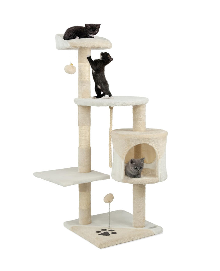 lionto Kratzbaum für Katzen mit 2 Plüschbällen & Spielseil, Höhe 112 cm, Katzenbaum mit Sisalseil &