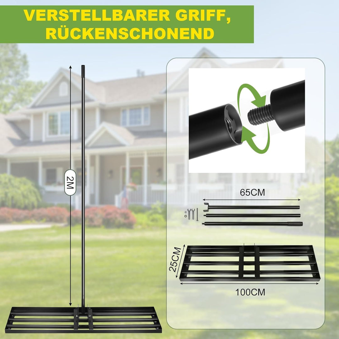 Rasenrechen 100x25cm mit 2m Verstellbarem Griff & Drehsteckersystem , Handlicher Arbeitssparendes Ra