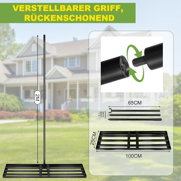 Rasenrechen 100x25cm mit 2m Verstellbarem Griff & Drehsteckersystem , Handlicher Arbeitssparendes Ra