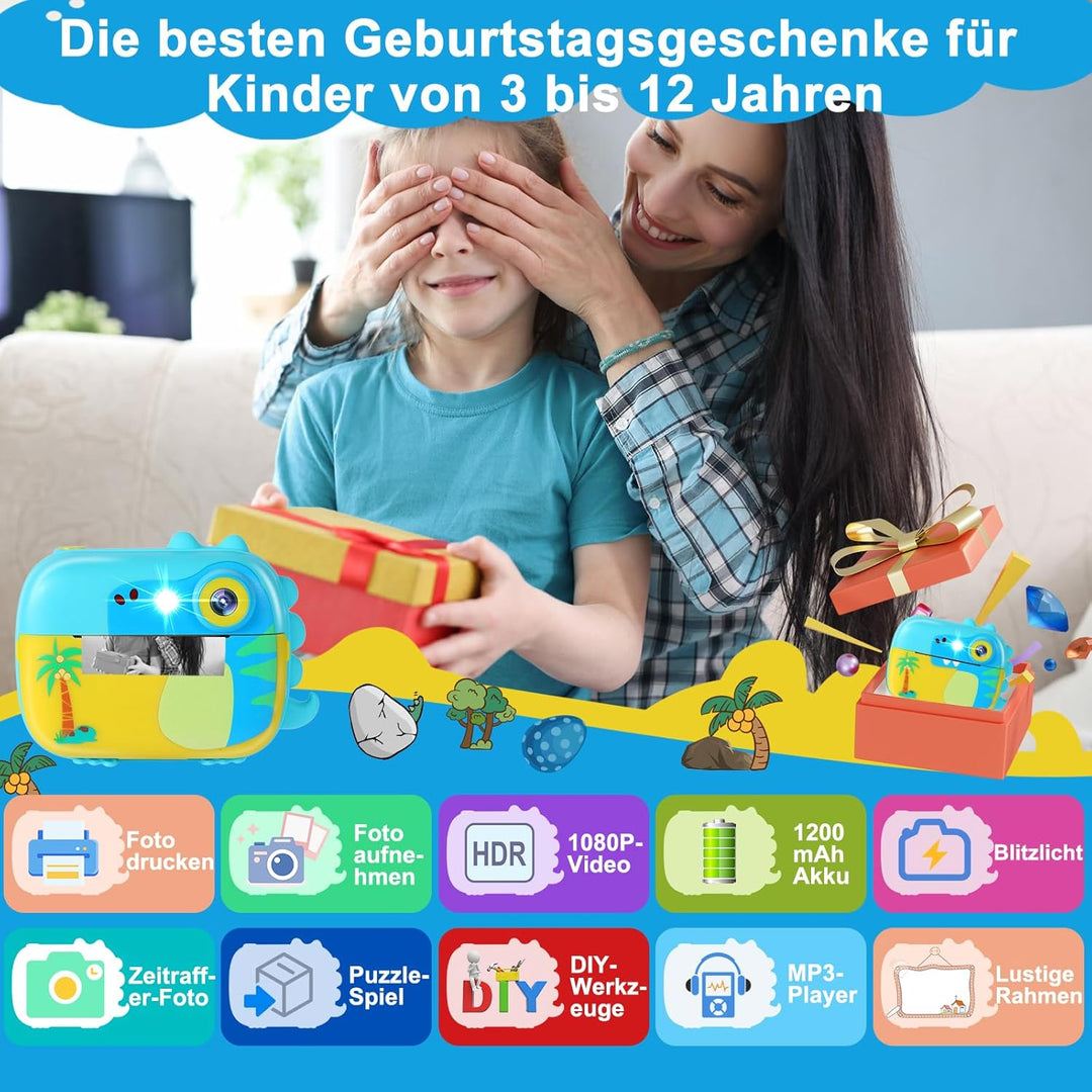 Sofortbildkamera Kinder,ARNSSIEN KinderKamera Sofortdruck mit 32G Karte und 7 Rollen Druckerpapier,