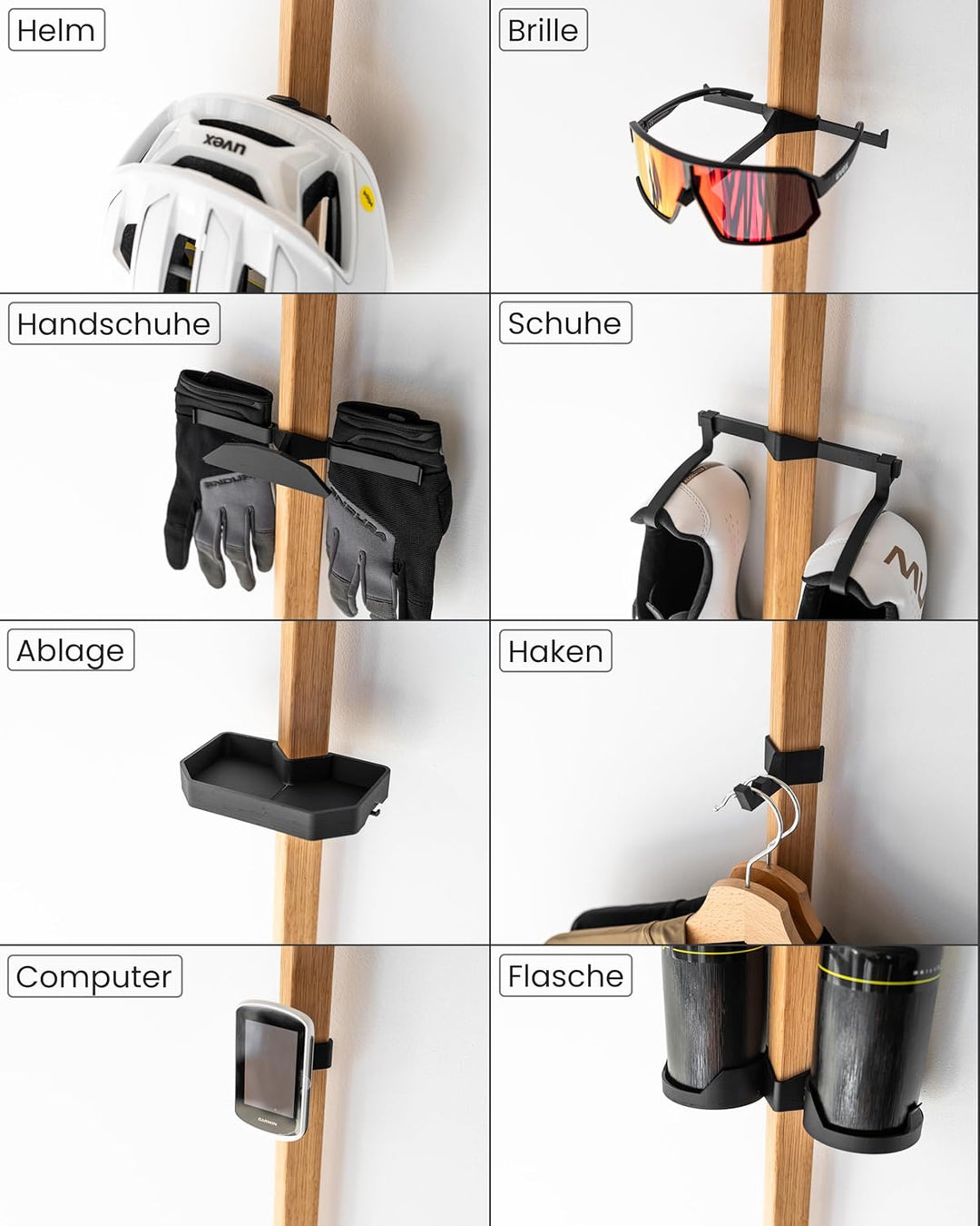 PARAX Gear-Rack Wand-Organizer für Fahrradzubehör aus Holz M: 60 cm M Set 2: Helm | 2x Brille | Abla