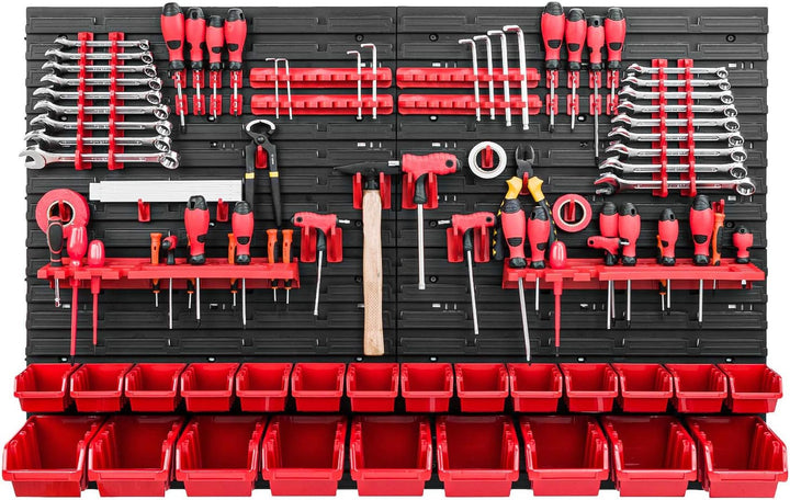 Werkzeugwand Stapelboxen - 1152 x 780 mm - Lagersystem SET Werkzeughaltern und 23 Rot Boxen - Wandre