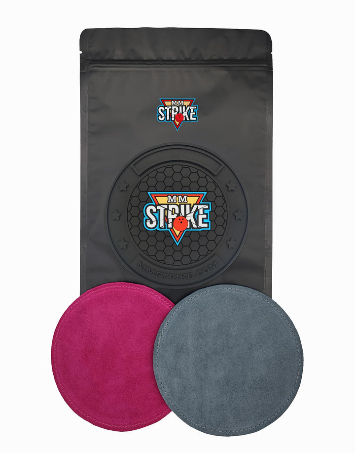 MMSTRIKE 2x Bowling Shammy Leather Pad+Black GripFlex Rubber Base Disc-Hook &amp; Loop System.Oil Remova