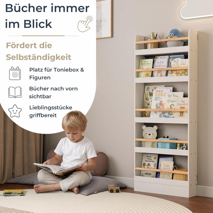 Bücherregal Kinder mit 5 Ablagen, Montessori Kinderbücherregal zur Wandmontage, Wandregal für Bücher