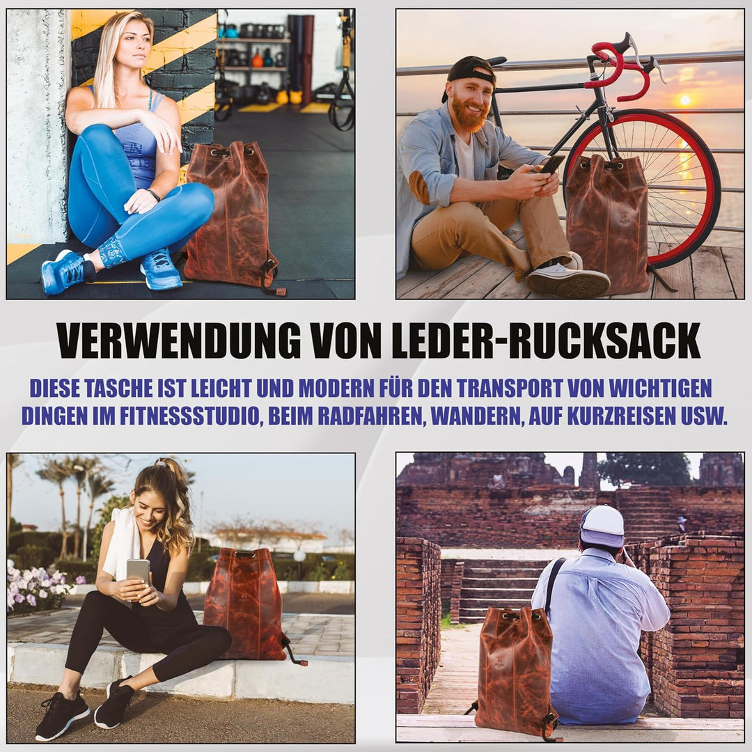 MATADOR Gymbag Turnbeutel Frauen Leder Sportbeutel Herren Rucksack Turntasche Lederrucksack Antik