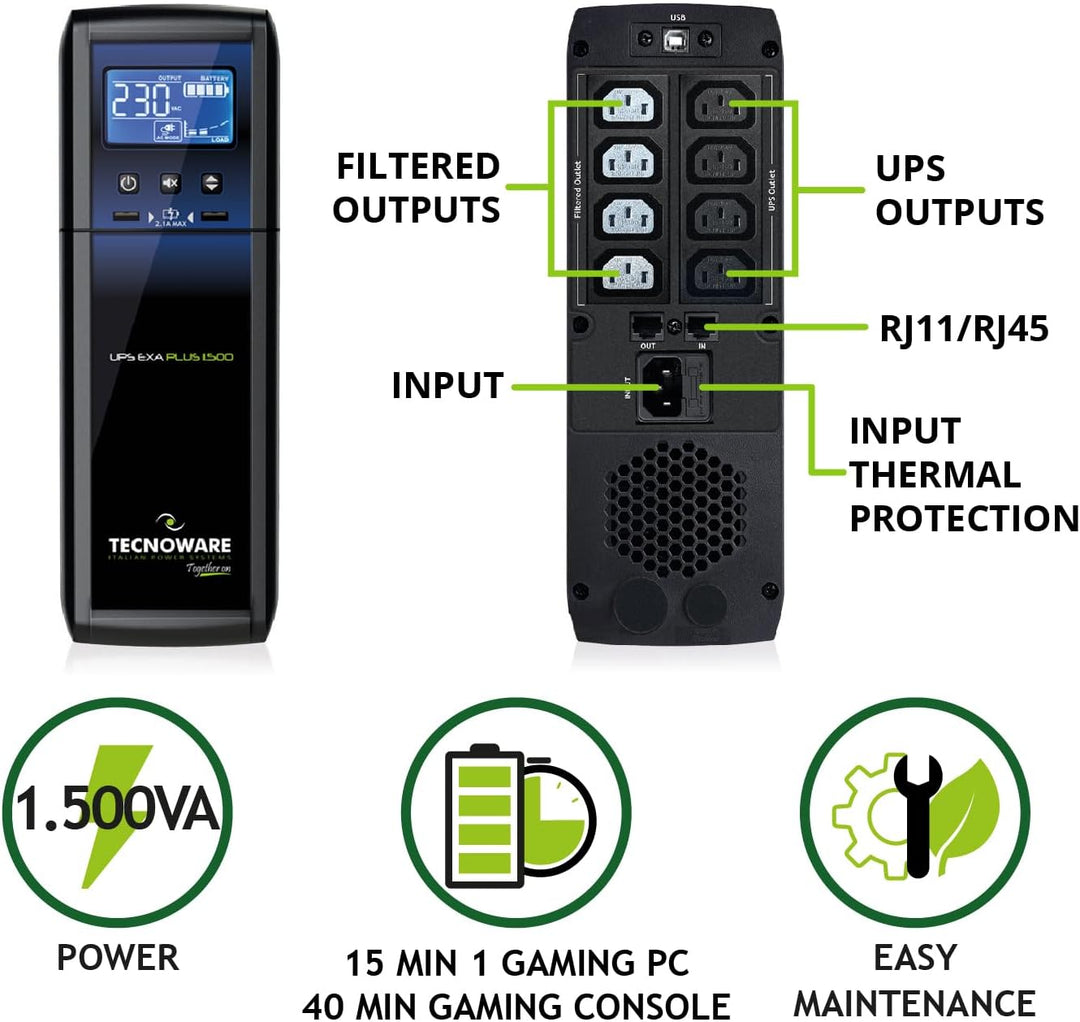 Tecnoware Power Systems - UPS EXA PLUS 1500 VA, Blackout-Schutz für PCs & Spielekonsolen, AVR-Techno