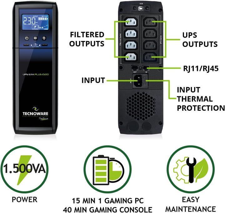 Tecnoware Power Systems - UPS EXA PLUS 1500 VA, Blackout-Schutz für PCs & Spielekonsolen, AVR-Techno