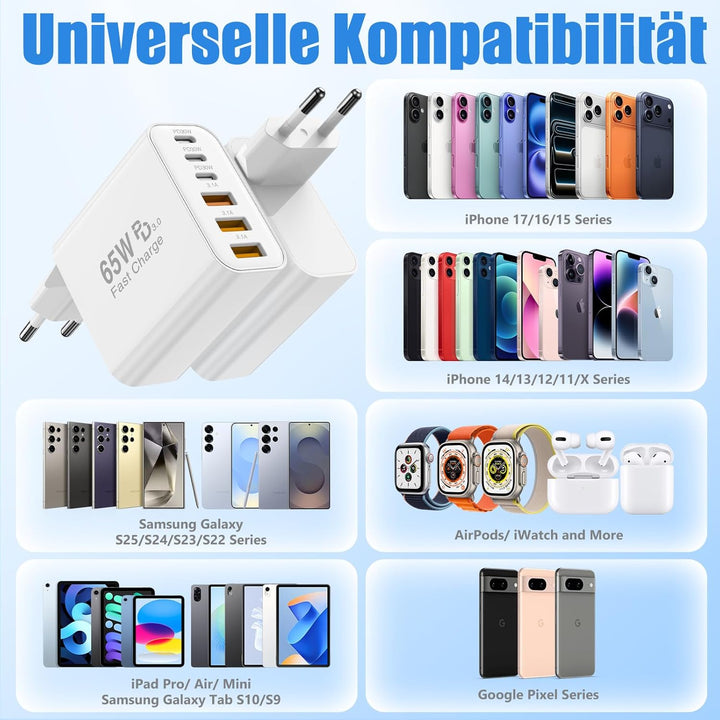 6-Ports USB C Ladegerät für iPhone 17/17E/16/15/14/13/12,65W Mehrfach Ladegerät mit USB-C und USB-A,