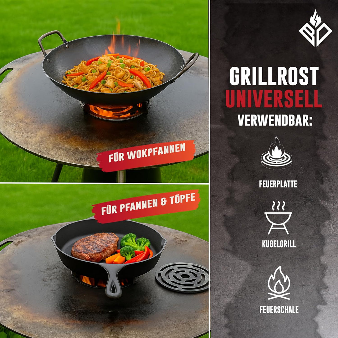 Becker Design Wok- und Pfannenhalterung mit Grillrost für Feuerplatte mit 20cm Feuerloch
