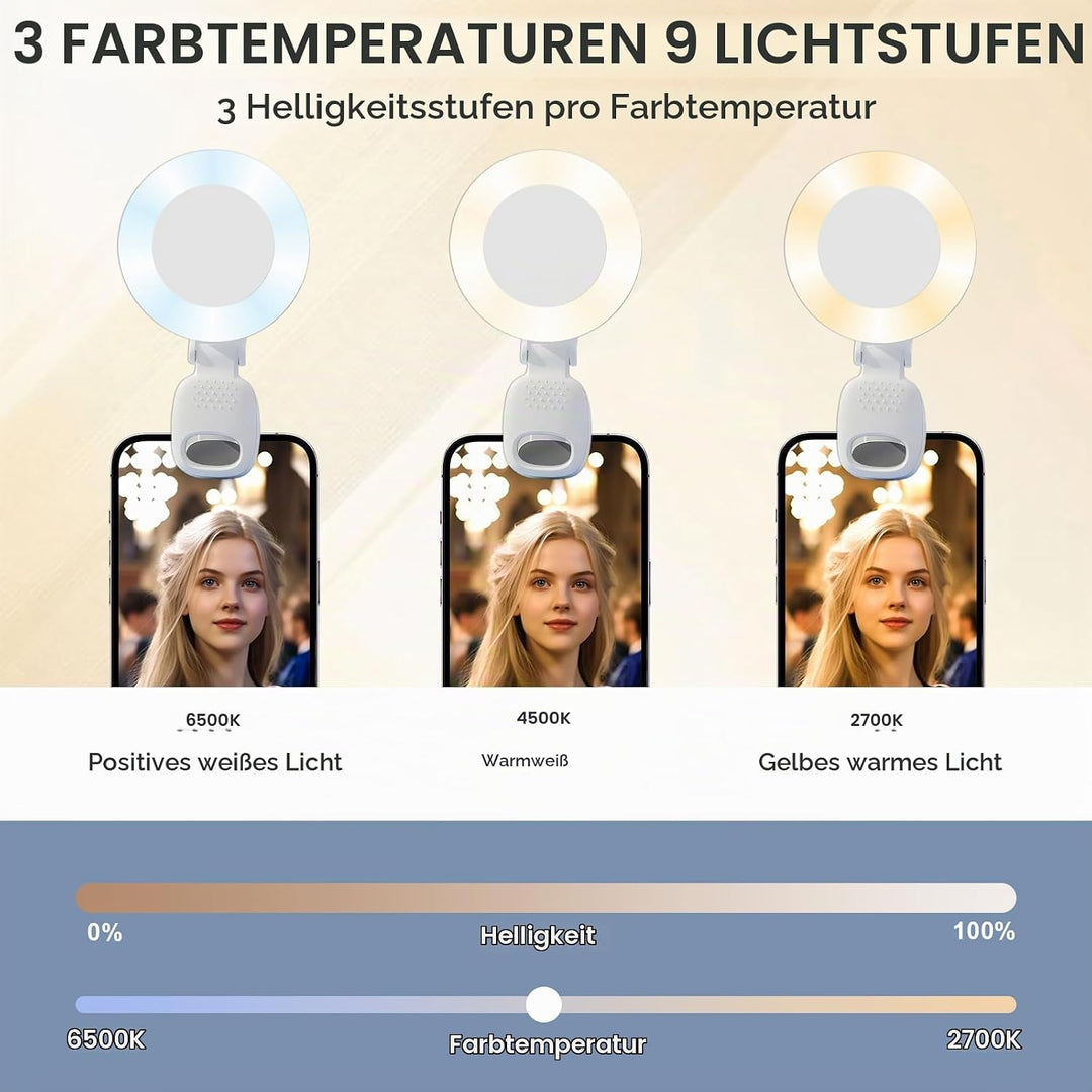 2er Set Selfie Licht Handy – Ringlicht Handy mit 3 Farbtemperaturen, 9 Helligkeitsstufen, 180° drehb