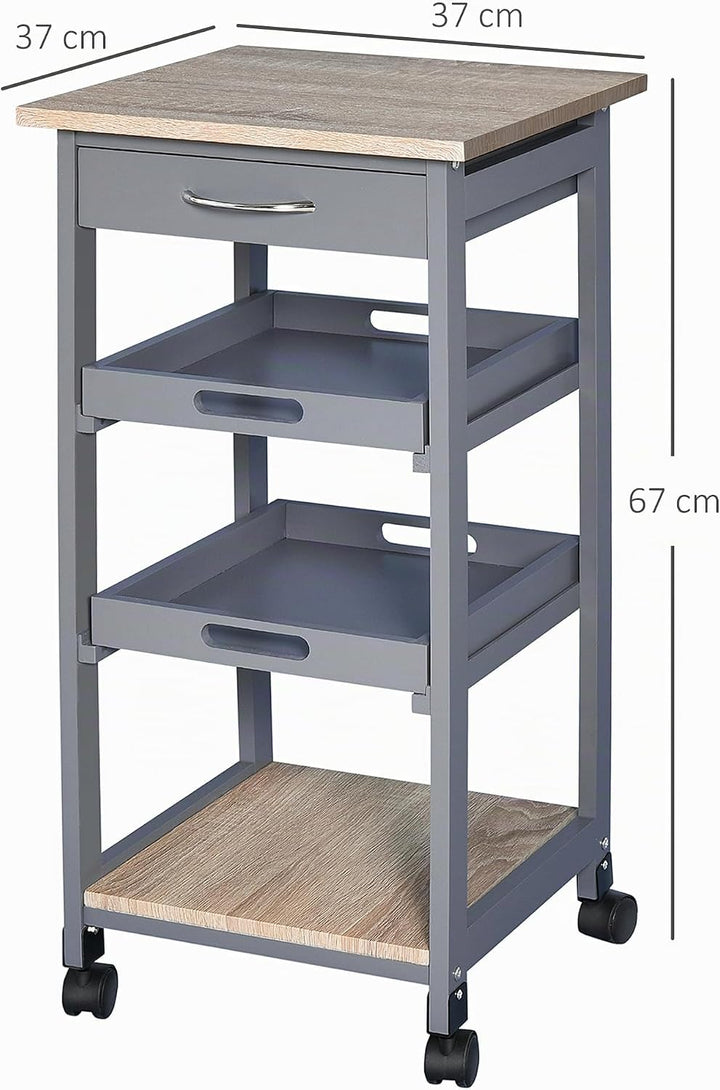 HOMCOM Servierwagen Küchenwagen mit Rollen 2 abnehmbare Tabletts, Schublade, Regal helle Eiche Holz